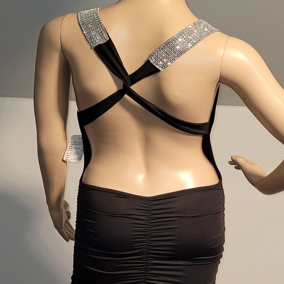 Sexy Women Black Mini Stretch Backless Dress with Rhinestone Accent Small N7872 - Picture 6 of 7